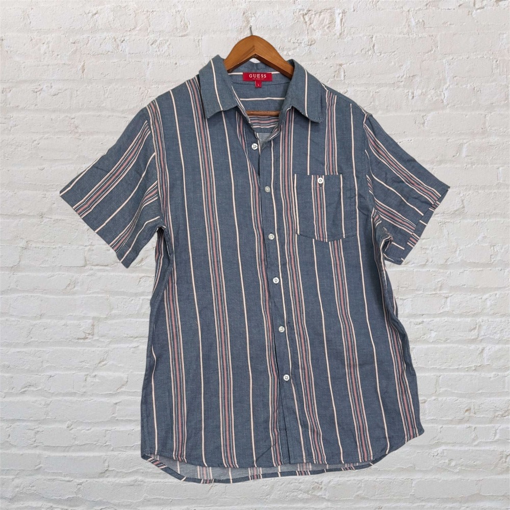 Guess Mens‎ Blue Striped Short Sleeve Button Down Shirt Large Cotton